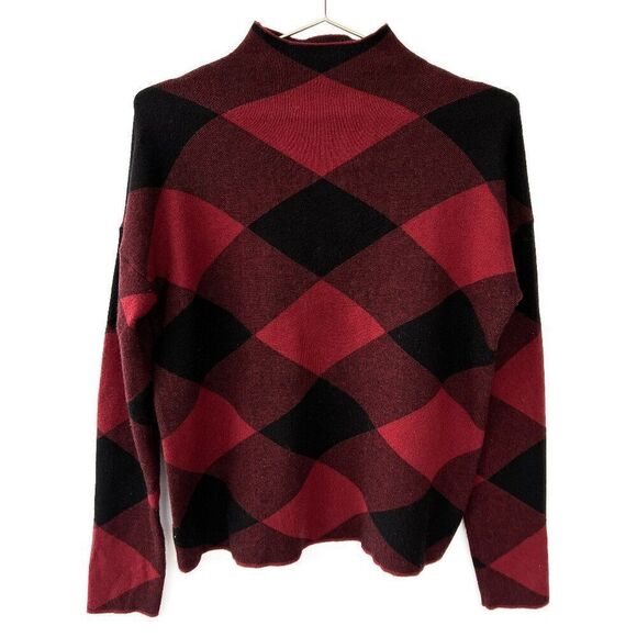 Tahari Red Black Block Plaid Mock Neck Sweater - Picture 1 of 7